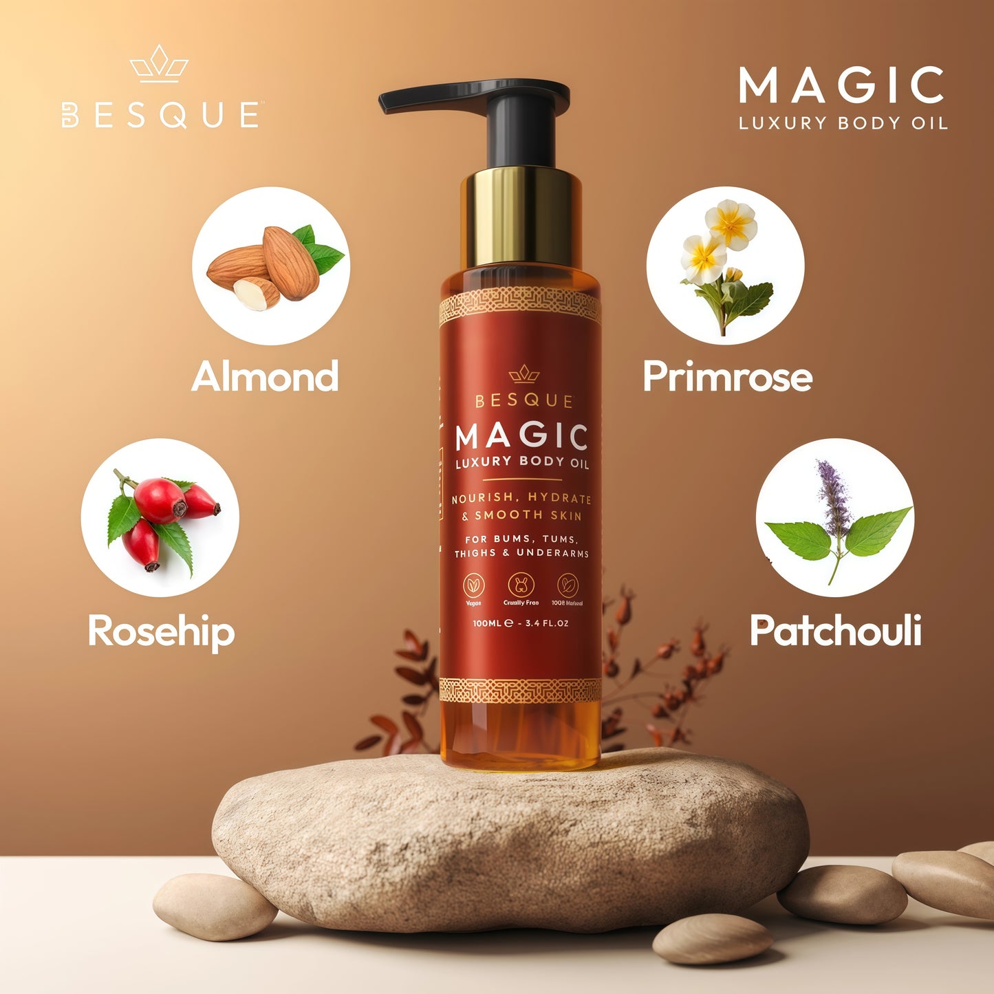 Besque Original Magic Body Oil - Hydrating Body Oils for Women - 3.4 FL OZ | Skin Care Body Oils for Women That Plump, Tighten & Firm Skin With Natural Ingredients, Made in UK