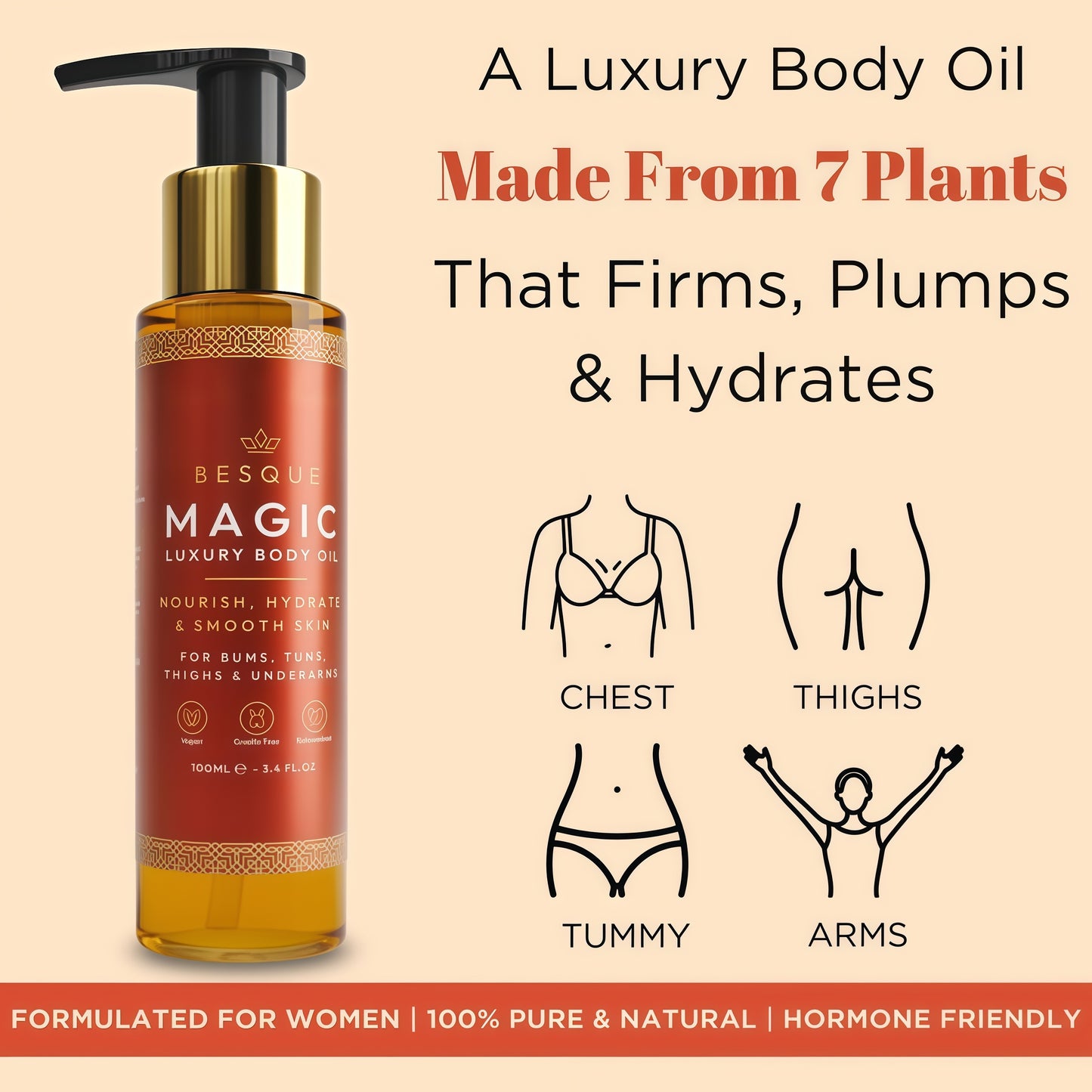 Besque Original Magic Body Oil - Hydrating Body Oils for Women - 3.4 FL OZ | Skin Care Body Oils for Women That Plump, Tighten & Firm Skin With Natural Ingredients, Made in UK